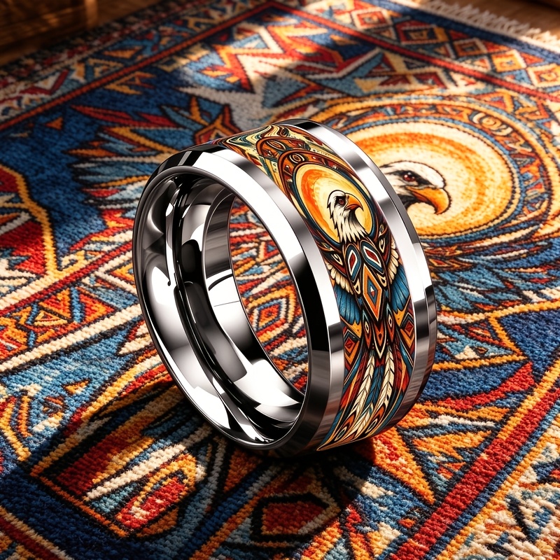 8Mm Stainless Steel Ring with Geometric Eagle Totem Patterns
